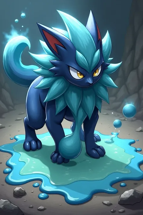 Zeraora standing on a puddle of goo oozed out by its feet and oozing out a ball of goo from the bottom of its feet pads