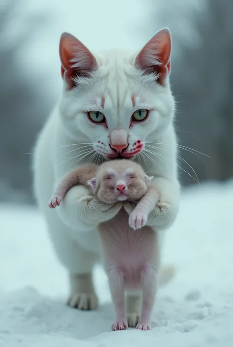 a mather white cat, carrying a ded kitten in its mouth, snowy landscape, blood, realistic, detailed, emotional