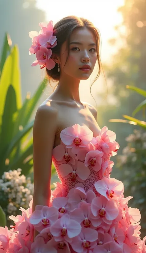 model girl wearing a dress made of orchid flowers, very beautiful model girl, beautiful breast, big breast close-up, photo realistic, bright nature in the background,