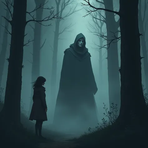 "A dense fog rolls through a dark forest at dawn. A tall, mysterious figure with a hooded cloak stands among the trees, half-hidden in the mist. The figure’s face is faintly visible, pale and intense. The woman, in her late 20s, is standing a little farthe...