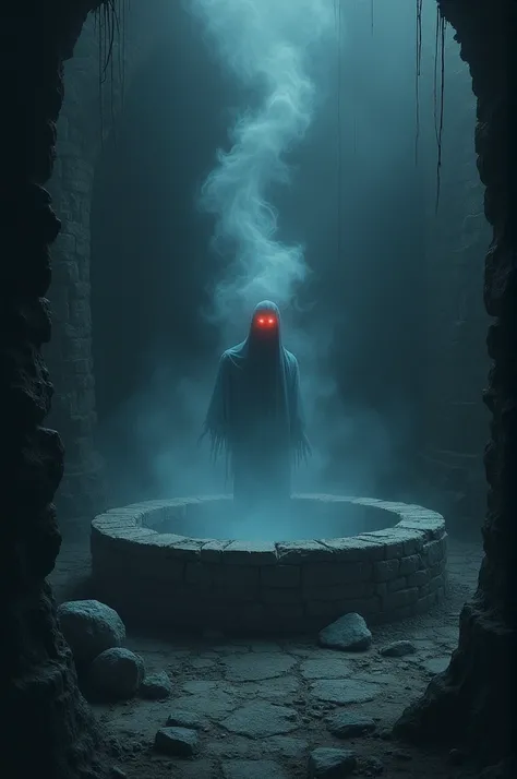 A close-up view of the dark well, where ghostly white mist begins to emerge from its depths. The mist swirls and takes on a faint humanoid shape, with glowing red eyes peeking out from the darkness. The well’s jagged edges and crumbling stones are visible....