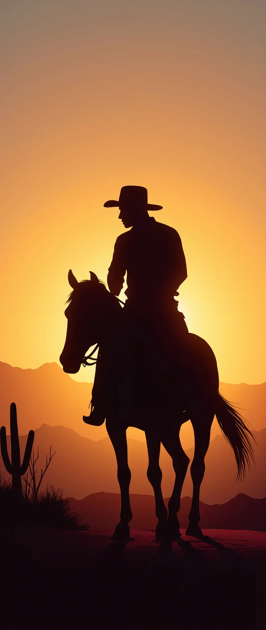 (masterpiece:1.2,Outstanding quality,Milonish, Cinematic Experience, best illustration),8k,wallpaper,Shadow play,black silhouette of a cowboy riding a horse,Sunset,Cactus, Beautiful Gradation, Vector Art , flat color 