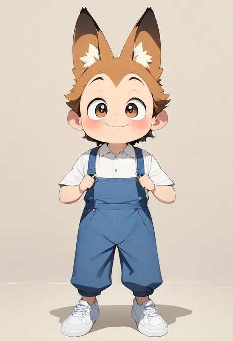 (masterpiece,  best quality:1.2),  anime-style character design。Kitsunoko 、 one boy ，Big Eyes， cute expression ， white shirt， blue overalls， white sneakers，stand， funny， funny， clear Line 、 simple background、 perfect body、 perfect face、smile、 Boy having a ...