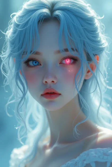 Beautiful girl, light blue hair, pink, red eyes
