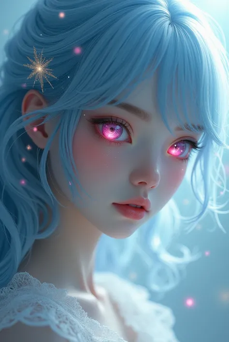 Beautiful girl, light blue hair, pink, red eyes
