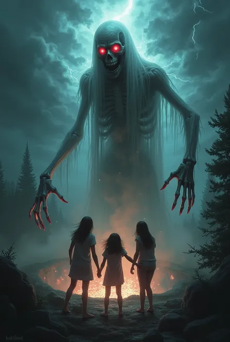 : A terrifying ghostly figure emerges from the well, hovering in the air. It has a skeletal face, hollow eyes glowing blood-red, and long, skeletal hands reaching forward. The figure is partially transparent, surrounded by swirling mist. The three friends ...