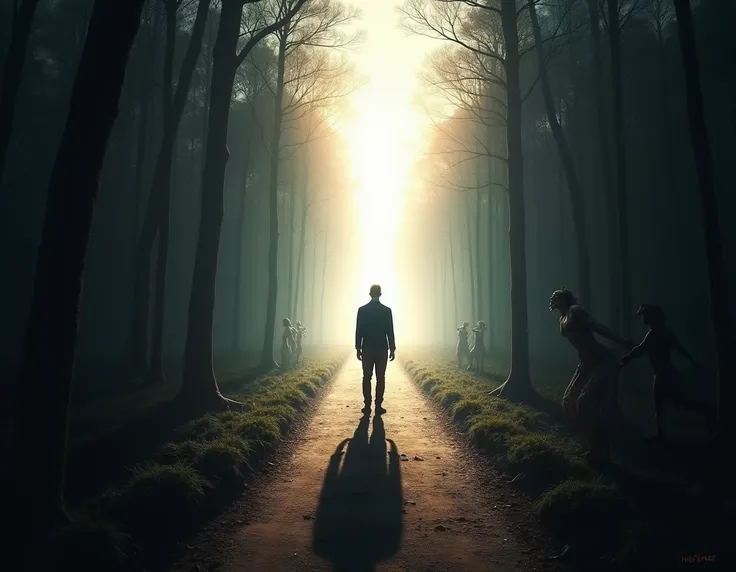 A person standing at a crossroads in the middle of a dark forest, with one path leading to a bright, heavenly light and the other to a dark, ominous shadow. Along the dark path, faint demonic figures are seen, urging the person to go down that route. The l...