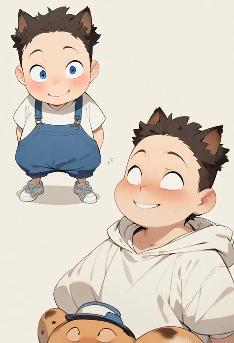 (masterpiece,  best quality:1.2),  anime-style character design。 one boy ，Big Eyes， cute expression ， white shirt， blue overalls， White Hoodies 、 white sneakers，stand， funny， funny， clear Line 、 simple background、 perfect body、 perfect face、smile、 Boy havi...