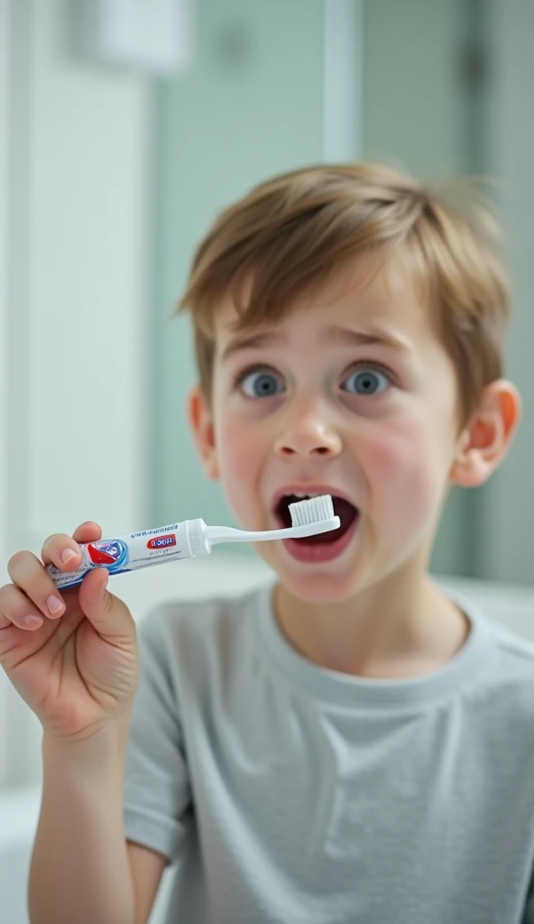 In a brightly lit bathroom, the boy is holding a toothbrush with toothpaste visibly reversing back into the tube. His face shows surprise and disbelief, with a mirror in the background reflecting the scene.