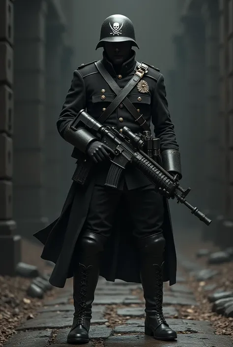 design. Prussian soldier .  Helmet with the pirate symbol . black uniform. Floor with stones.  holding a machine gun in his hands. no cover. Military boots on the feet. 