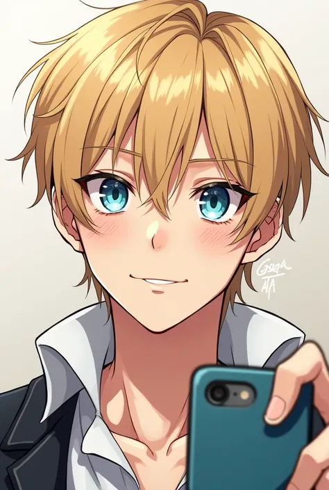 Anime of a handsome man with blond hair and light blue eyes with visible polka dots on his face, taking a selfie