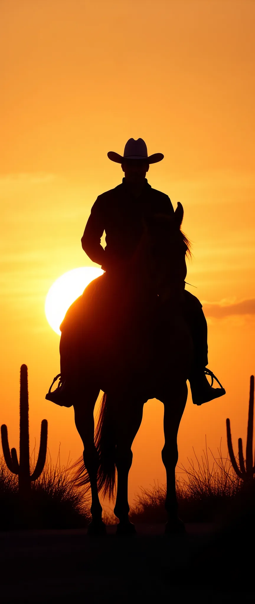 (masterpiece:1.2,Outstanding quality,Milonish, Cinematic Experience, best illustration),8k,wallpaper,Shadow play,black silhouette of a cowboy riding a horse,Sunset,Cactus,prairie, Beautiful Gradation, Vector Art , flat color 