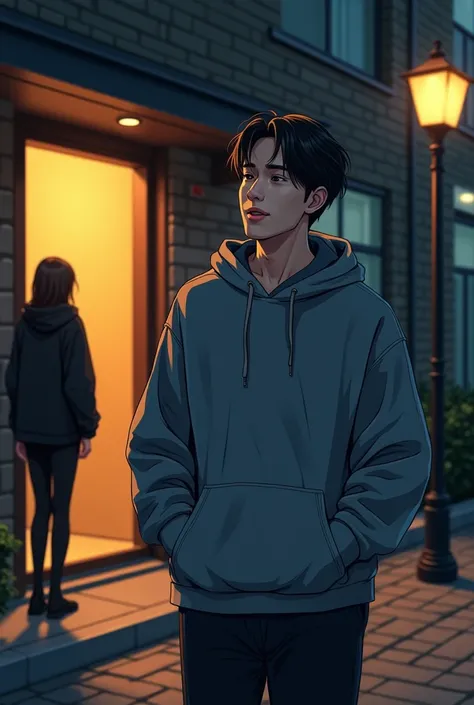 A manhwa-style scene of a korean idol man with brown eyes smiling as he walks wearing gray hoodie stepping out of his apartment building with his guy manager wearing black.  

The korean idol man’s manager, walking beside him, has a worried scared open mou...