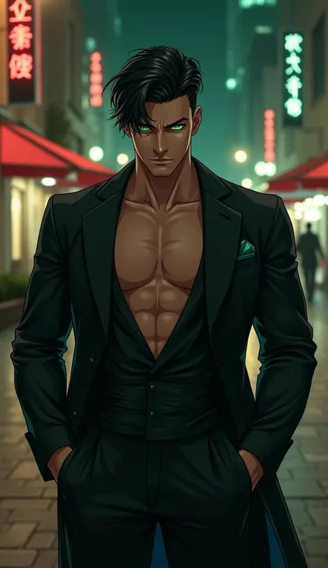  Generate an image of a seductive man ,  emerald green eyes,  black hair,  broad and muscular shoulders ,  tanned skin ,  dressed in a black suit in a square at night with an air of mystery and a serious and sensual look,  full body , anime style and Manhw...