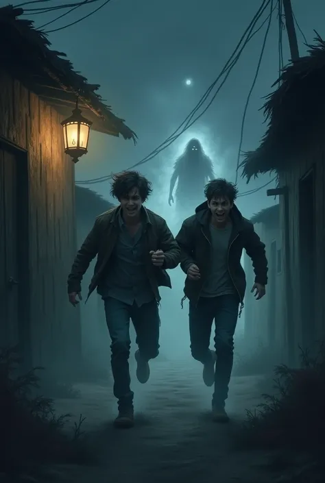 Two frightened young men running through a dark village road at night. Their faces are pale, eyes wide with terror. The path is dimly lit by a flickering lantern hanging on a distant hut. The shadows seem to move around them, and the sound of ghostly laugh...