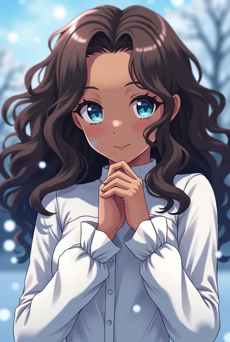 A woman with curly brown hair and large ,  she is black and has a snowflake mark on her face under her left eye,  she has blue eyes ,  and wears a long-sleeved blouse with open sleeves on her hands ,  her blouse is white with details that refer to snow in ...