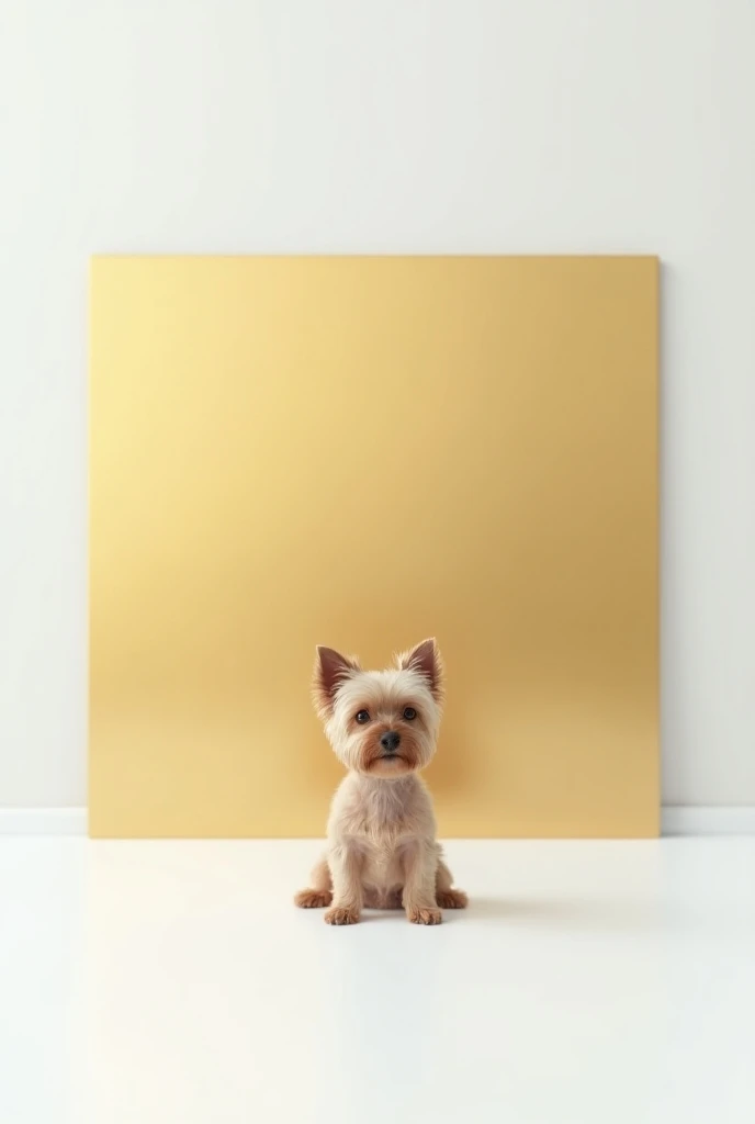 A mixed breed dog
 Sausage with 
 Yorkie and
 In the background a white room with a golden square
