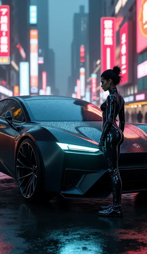 A futuristic woman with glowing cybernetic implants stands beside a matte black Tesla Cybertruck under the neon glow of a bustling city. The car’s angular design and the woman’s sleek, high-tech armor complement each other. The photorealistic urban setting...