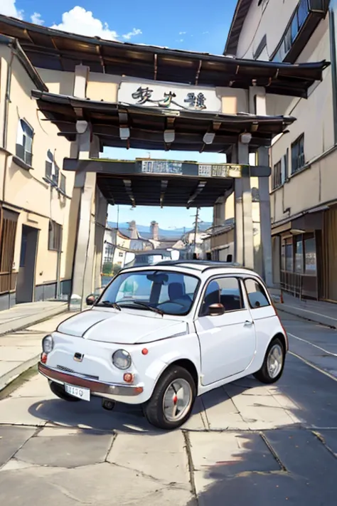 (masterpiece:1.2,  best quality),(  very detailed),(((Anime Style)))，8k， wallpaper，white Fiat 500  ，execution，  old Japanese medieval townscape，  blue sky，Abarth specification:1.2，(((Makoto Shinkai style)))，