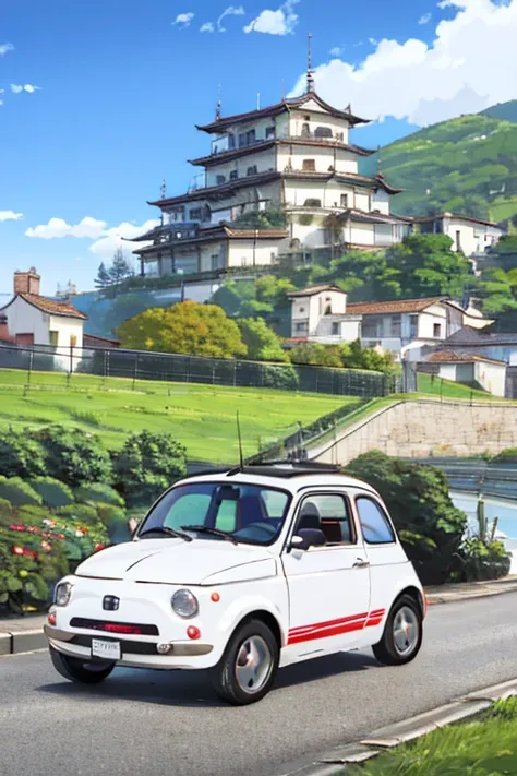 (masterpiece:1.2,  best quality),(  very detailed),(((Anime Style)))，8k， wallpaper，white Fiat 500  ，execution，  old Japanese medieval townscape，  blue sky，Abarth specification:1.2，(((Makoto Shinkai style)))，