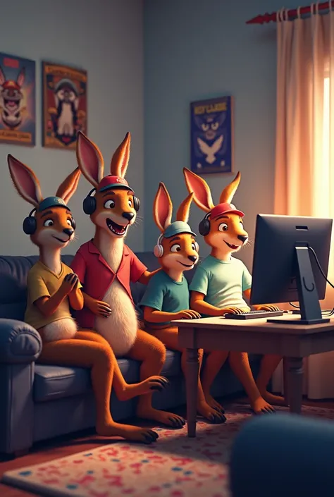 Four kangaroos playing LOL on PC