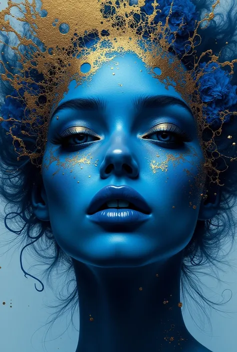 
A copper and royal blue colored ink spill. human face portrait, cascading gold everywhere, dark ink and cymophane. stylized representation of a
face, predominantly in shades of blue.