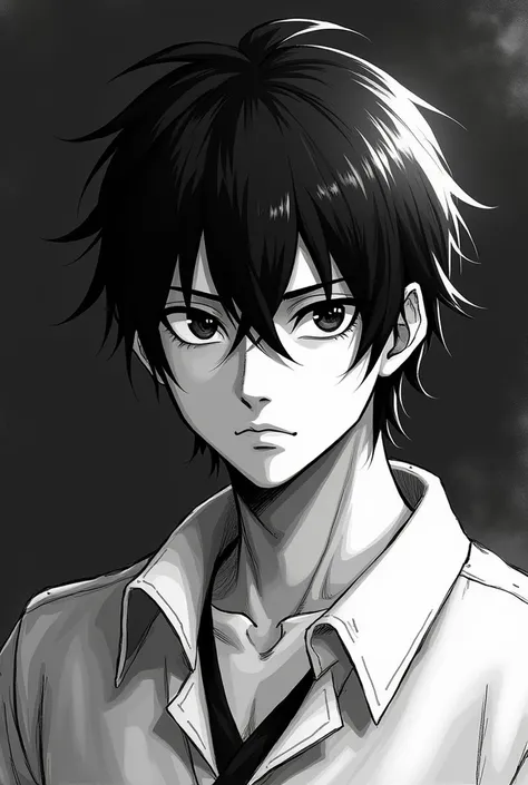 Anime, black and white, dark, face picture, zoom in, Shinobi, cool hair, male, black and white sketch, white shirt, 24 years old, 