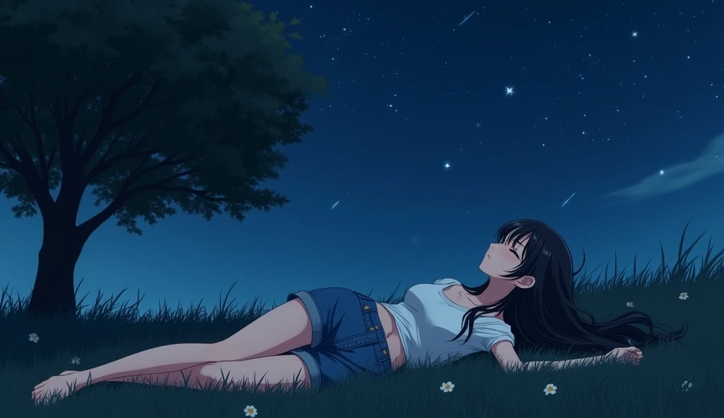 high quality anime girl (only 1 girl) (very long hair) straight hair (black hair) medium bust fullbody view (((lying on the grass watching the sky))) (short denim shorts) (white top) closed mouth (1 big tree) night environment without light (shooting stars...