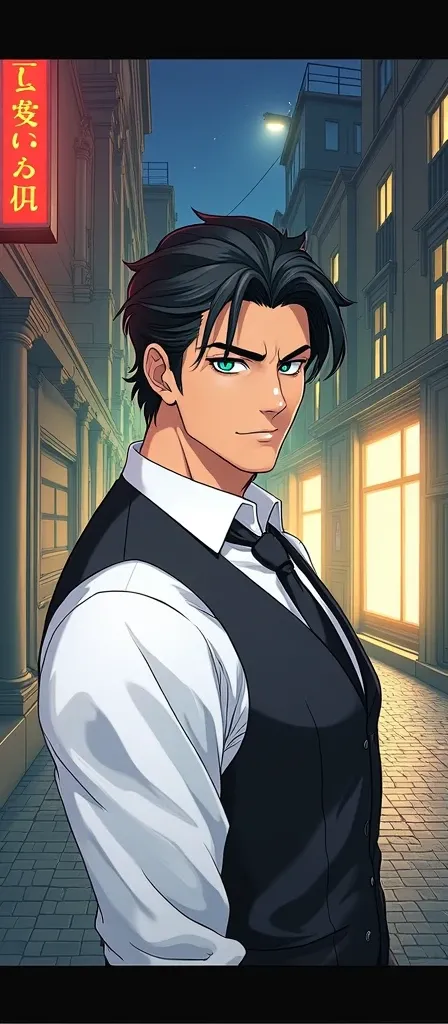  Generate an image of a seductive man ,  emerald green eyes,  black hair,  broad and muscular shoulders ,  tanned skin ,  dressed in a black suit in a square at night with an air of mystery and a serious and sensual look,  full body , anime style and Manhw...