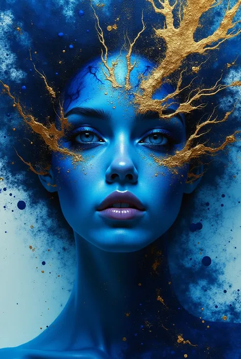 
A copper and royal blue colored ink spill. human face portrait, cascading gold everywhere, dark ink and cymophane. stylized representation of a
face, predominantly in shades of blue.