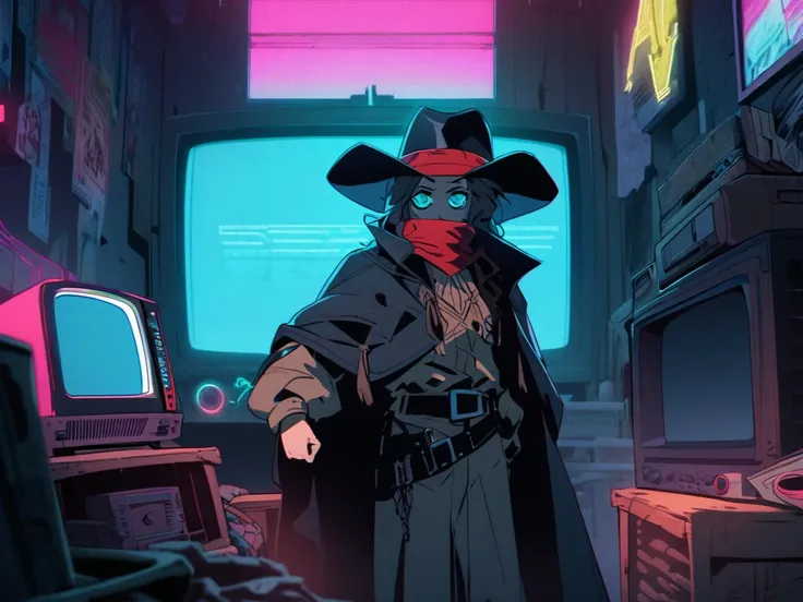  nostalgic image of a vintage-style otaku room and lofi with many details and blue lighting dark ,  an old connected tube TV Character seated in the middle of a front table inspired by the Wild West  ,  set in a cyberpunk universe .  The character wears a ...