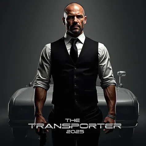  THE TRANSPORTER  5 (2025)  Jason Statham - transporter 5 poster with the following elements :
 Minimalist style ,  typeface with a dominant dark tone
Cinematic lighting effects create depth
Shadows of people and cars as accents
Movie name " THE TRANSPORTE...