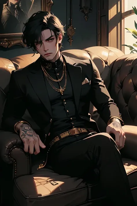 a handsome man with tattoos sitting on a couch, beautiful detailed eyes, beautiful detailed lips, extremely detailed face, short black hair, leather shoes, serious expression, Sanpaku, (best quality,4k,8k,highres,masterpiece:1.2),ultra-detailed,(realistic,...