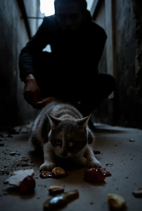 A dramatic close-up shot of a terrified cat shielding her kitten from a cruel man, with shards of a broken wine bottle scattered, wine splashing and spreading across the floor, in a gritty, dimly lit urban room, evoking intense emotional tension and despai...