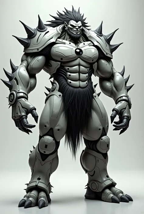 Big muscular man with spines on his body , gray skin, protruding lower jaw iron full body suit white,  black eyes and hair with a black gem on his chest 
