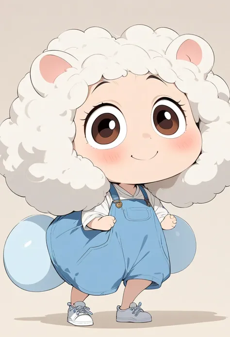 (masterpiece,  best quality:1.2),  anime-style character design。 one girl ，Big Eyes， cute expression ， white shirt， blue overalls， White Hoodies 、 white sneakers，stand， funny， funny， clear Line 、 simple background、 perfect body、 perfect face、smile、Fluffy f...