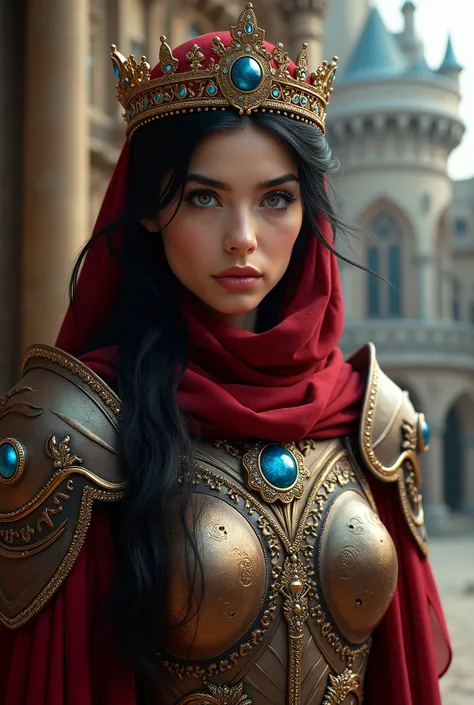 Elegant armor, princess, Full body, wearing a hijab, luxurious crown, blue eyes, black hair, all around, (red silver hijab), tmasterpiece, The best of the best quality, High resolution, 8K,((Portrait)),(top body), Real photo, real photo, digital photograph...