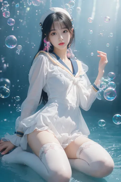 (masterpiece), ( Top Quality ), (Official Art,  extremely detailed CG Unity 8K wallpaper), ( High Quality Details ), ((absurdres)), 1 Korean girl, Midshot ,  sexy pose, (Elaborate facial features),(Sailor suit:1.3) ((SFW)),((Clean hands)), ((white stocking...