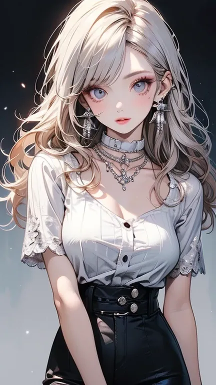 ( of the highest quality, masterpiece),  a girl ,  Beautiful Girls, brown_look like, ((hair color [Silver hair], [前hairありのピクシーカット] hair)), earrings, Lips,  Short sleeve, realist , Tight waist, charm, colorful makeup , Long look likelashes,  white skin, ( b...