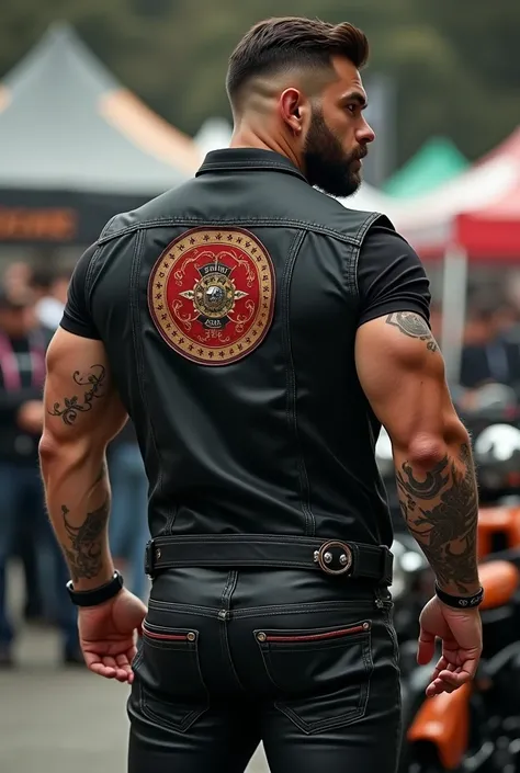 Hyperrealistic hunky super Latin handsome man with short beard super stocky with tattoo on one arm big biceps strong and muscular legs in tight bulging jeans (((Between the leg big bulge exaggerated bulge big buttocks ))) with great fashion shirt and black...