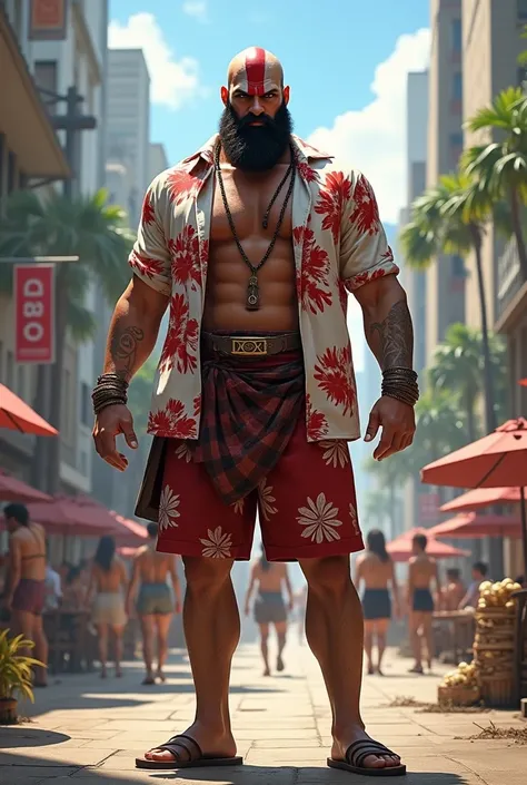 The character Kratos from God of War 2 dressed in an open Hawaiian shirt and shorts and sandals in a city