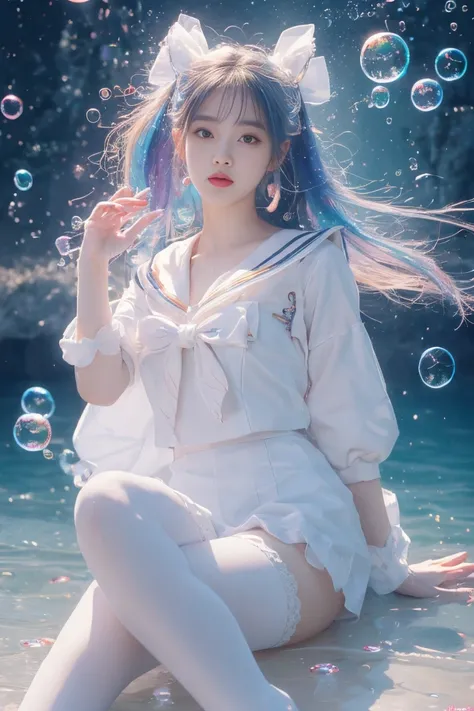 (masterpiece), ( Top Quality ), (Official Art,  extremely detailed CG Unity 8K wallpaper), ( High Quality Details ), ((absurdres)), 1 Korean girl, Midshot ,  sexy pose, (Elaborate facial features),(Sailor suit:1.3) ((SFW)),((Clean hands)), ((white stocking...