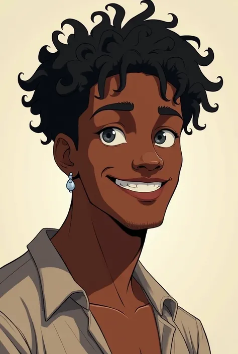  Make a BLACK man with curly hair ,  wear an earring and smile ,  he has gray eyes and features an anime, Wear a loose blouse .