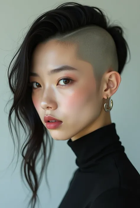 I have bangs and long side hair, Asian woman with half of her head bald from the top of her head