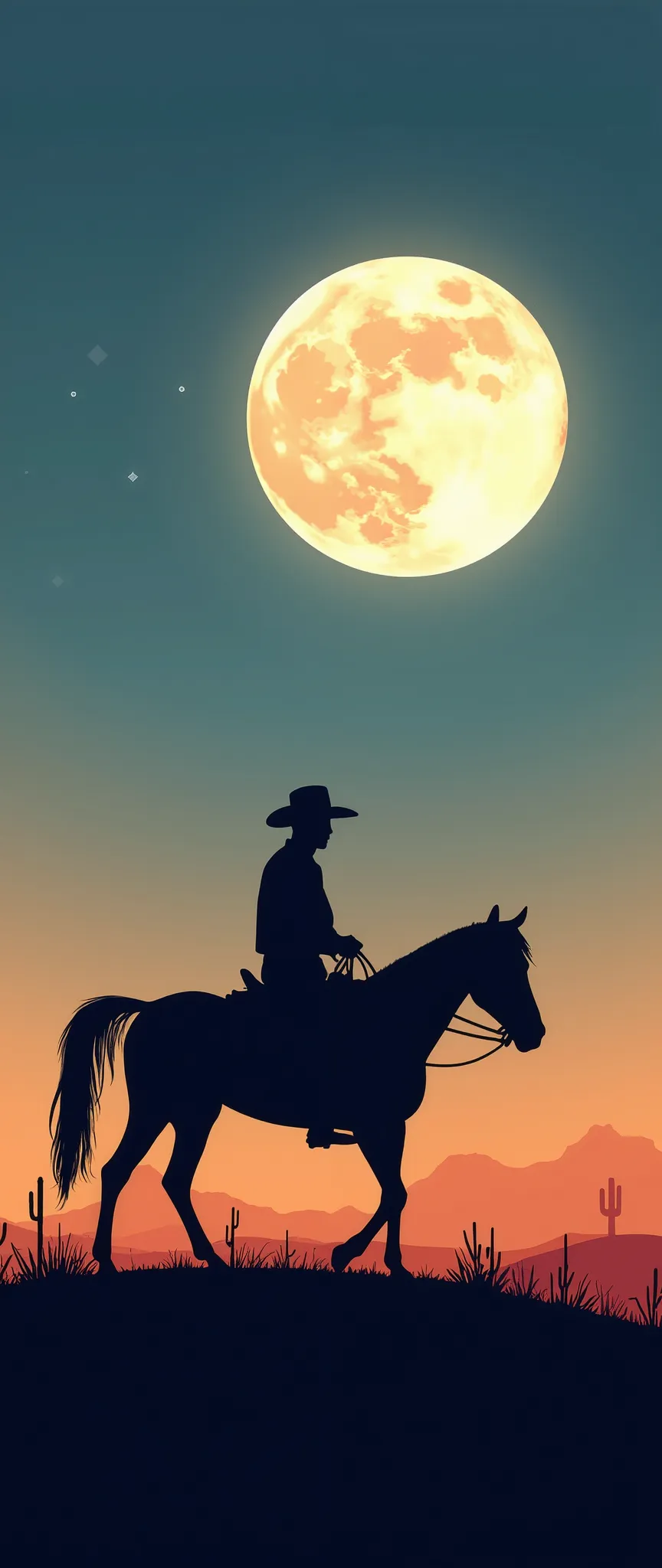 (masterpiece:1.2,Outstanding quality,Milonish, Cinematic Experience, best illustration),8k,wallpaper,Shadow play,black silhouette of a cowboy riding a horse,moon,moon明り,Cactus,prairie, Beautiful Gradation, Vector Art , flat color ,(moonの Beautiful Gradation:2.0),(美しいmoon:2.0),(moonの光:2.0)