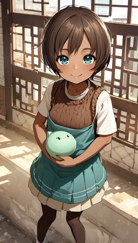  skinny thin little brown girl, one girl （I dont need extra characters ）, elementary school students,Young, short,Loli Big Tits,Skin color is dark brown, Teal Eyelids,Freckles,smile,Huge Saggy Tits,skinny, unkempt short hair,Dark brown hair, sleeveless kni...