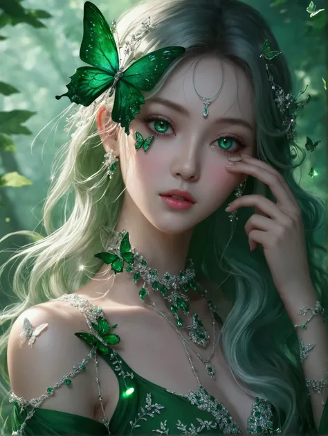 
「Nestled in a fantastic forest、Beautiful fairy woman。She has long silver hair, 、Has green eyes、 and decorations imitating butterflies around her eyes 。 has realistic green butterflies perched around her hair 、 wears jewelry and ornaments based on emerald ...