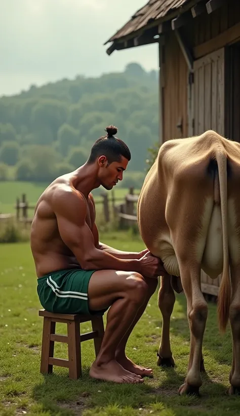 Ronaldo is milking the cow in sitting style