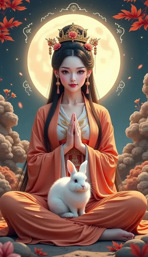 A serene and beautiful Chinese goddess sits gracefully, facing forward with her hands clasped in a prayerful pose. A playful white rabbit rests gently on her lap. The background features a mystical and divine atmosphere with glowing religious patterns and ...