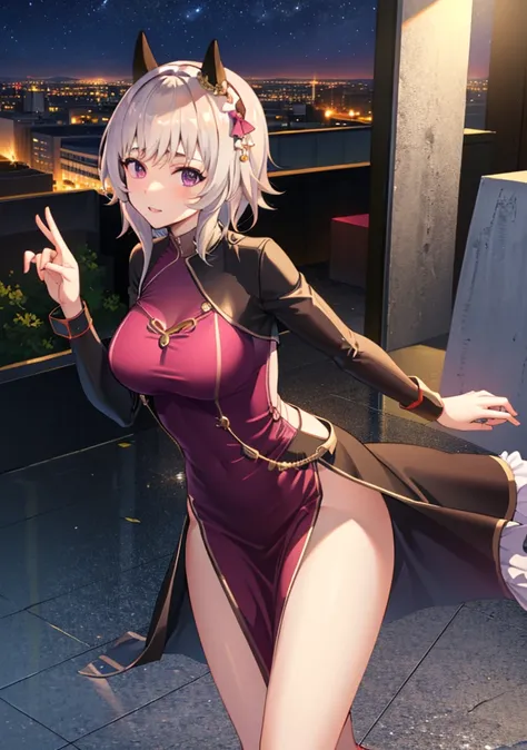 Outfit: ((Shiny one-piece dress with slits)). Location: (Rooftop with beautiful night view). Standing. ((Pinching chest with both arms)).Soft and large chest.Wrinkles due to the chest part of the outfit.(blushing).(Image:3k Pixels).Draw with beautiful line...